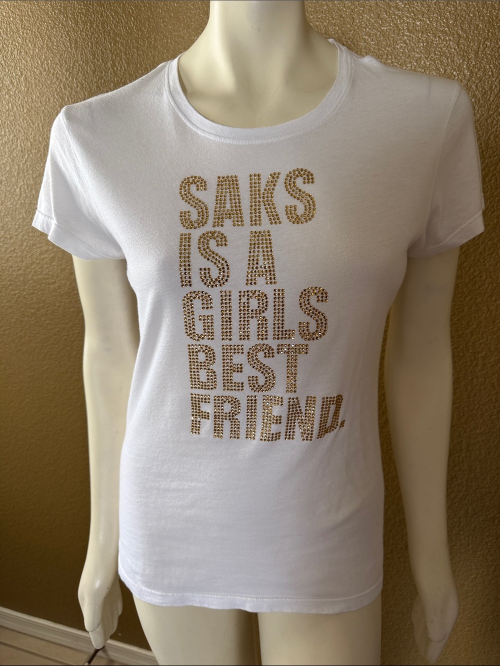 Saks White Short Sleeve Tee with Gold Stud Lettering
